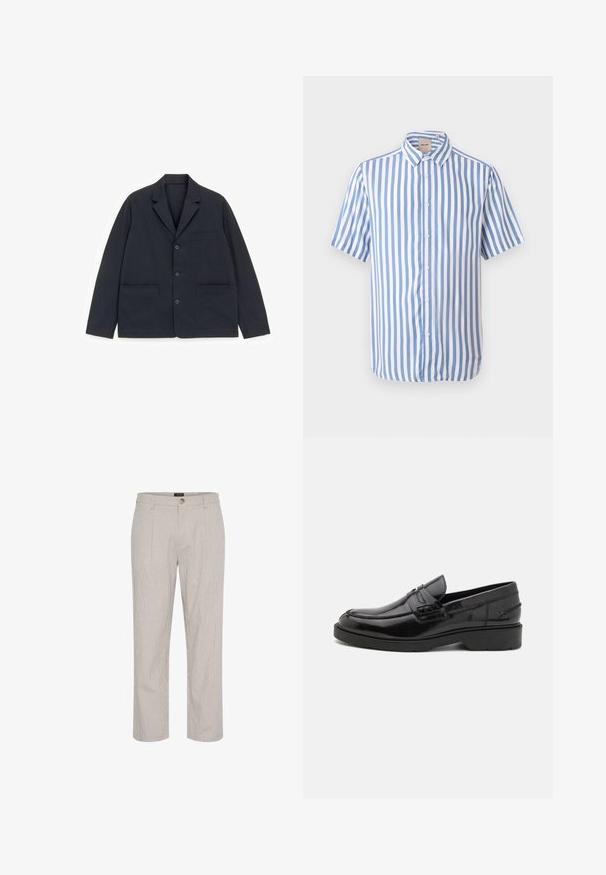 Blazer noir à simple boutonnage avec trois boutons, revers crantés, une poche poitrine et deux poches plaquées inférieures sur fond blanc.; Chemise à manches courtes boutonnée avec des rayures verticales bleues et blanches et un col pointu, présentée sur un fond clair uni.; Pantalons rayés gris clair, coupe droite, avec une fermeture à bouton unique à la taille et deux poches avant. Texture lisse.; Mocassins en cuir noir avec une finition lisse, un bout rond, un petit talon et descoutures décoratives à l'avant. Semelle en caoutchouc pour l'adhérence.