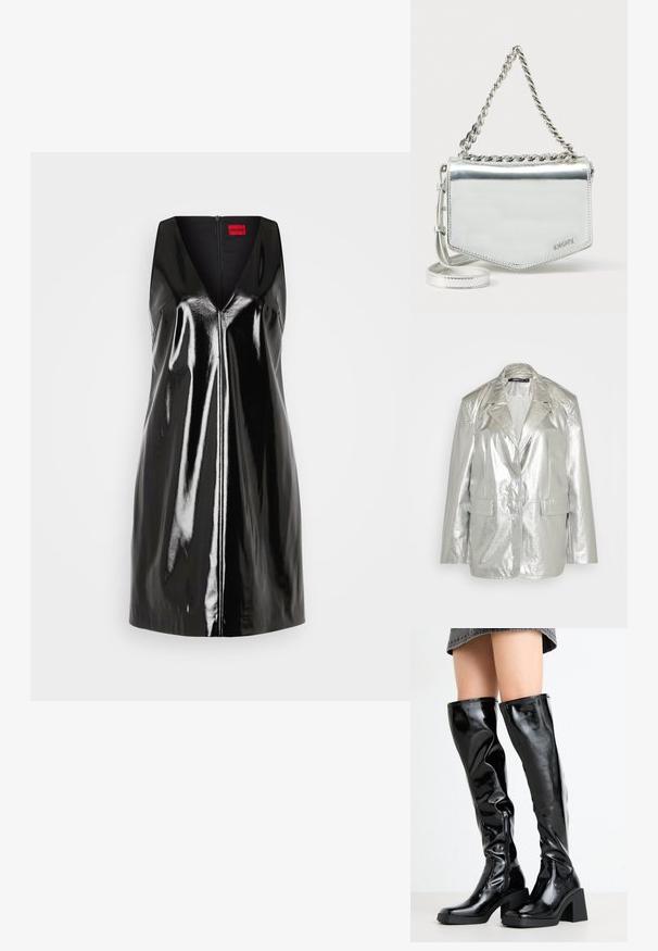 Gina Tricot OVERSIZED - Blazer - silver; Robe noire sans manches avec un décolleté en V et une finition brillante et réfléchissante; elle comprend une fermeture éclair centrale et un design minimaliste.; Bottes noires, brillantes, montantes jusqu'aux genoux, avec un bout carré et un talon épais. Présentent une fermeture éclair latérale et un design ajusté en texture.; Sac bandoulière métallisé argent avec une bandoulière chaîne, forme géométrique, texture lisse et détail logo. Doté d'une fermeture éclair et de surpiqûres décoratives.