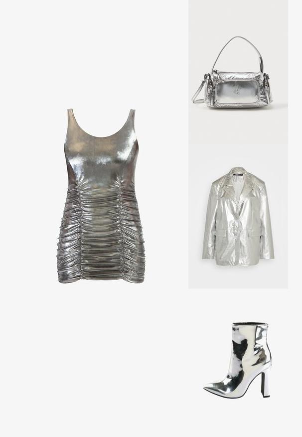 Gina Tricot OVERSIZED - Blazer - silver; Metalen zilveren mouwloze jurk met geplooide details aan de voor- en achterkant, een gladde textuur en een aansluitende, bodycon silhoeet.; Zilveren gepatenteerde leren enkelboot met een spitse neus, een stevige hoge hak en een rits aan de zijkant, met een gladde, glanzende textuur.; Metalen zilveren handtas met een rechthoekige vorm, bovenrits en een voorkantvak. Voorzien van een korte handgreep en een verstelbare schouderband. Gestructureerde afwerking.