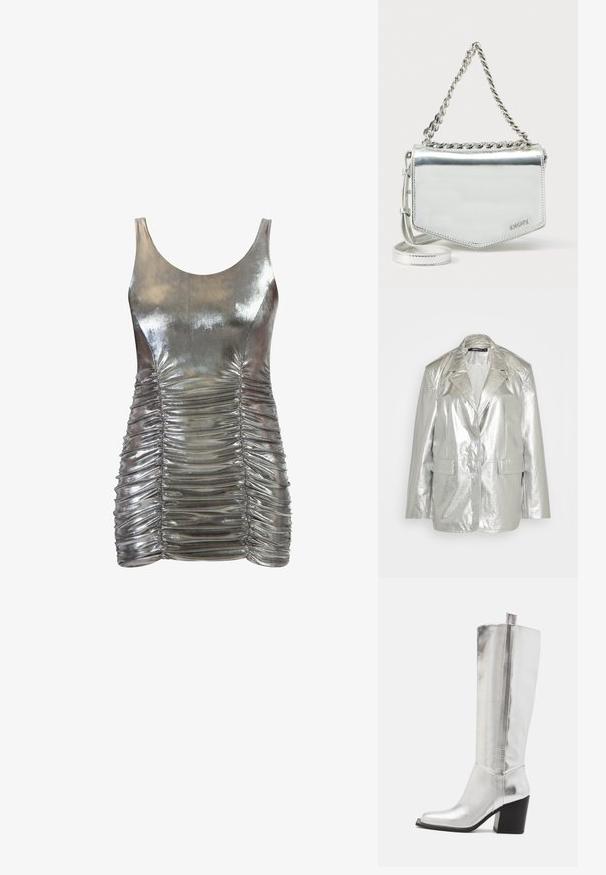 Gina Tricot OVERSIZED - Blazer - silver; Metalen zilveren mouwloze jurk met geplooide details aan de voor- en achterkant, een gladde textuur en een aansluitende, bodycon silhoeet.; Kniehoog zilveren leren laarzen met een vierkante neus, benadrukt door een glanzende metallic afwerking en een stevige zwarte blokhak.; Zilverkleurige metallic schoudertas met kettingriem, geometrische vorm, gladde textuur en logodetail. Voorzien van een ritssluiting en accentstiksels.
