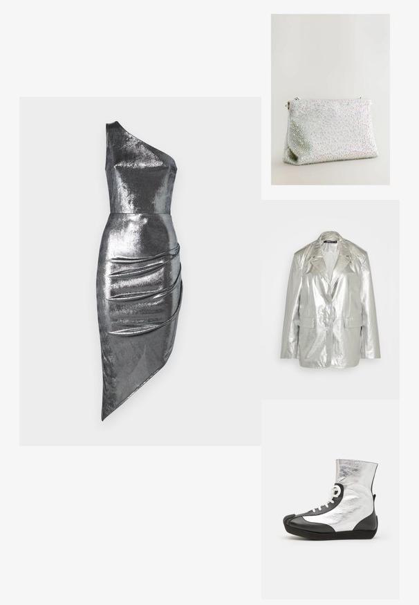 Gina Tricot OVERSIZED - Bleiser - silver; Ühe õla hõbedane metallikkleit, millel on istuv korpus ja ebatasane allserv, koos külje pealt kokku gathered üksikasjadega. Sile, läikiv tekstuur.; Mustang-sneaker must sünniga musta nahka ja läikivat hõbedast materjali. Omab valgeid paelu ja tekstuurset musta kummitalda.; Hõbedane käekott, mis on kaetud väikeste värvimuutlike kivikestega. Omab lukuga sulgemist ja struktureeritud kuju koos lameda põhjaosaga.