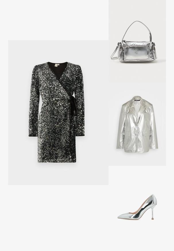 Gina Tricot OVERSIZED - Blazer - silver; Robe portefeuille noire couverte de paillettes argentées, avec des manches longues, un décolleté en V, une taille cintrée avec un lien, et un contraste de finitions noires.; Escarpin à talons aiguilles argent métallique, bout pointu, talon stiletto fin et finition lisse et brillante.; Sac à main en argent métallique de forme rectangulaire, avec une fermeture éclair sur le dessus et une poche avant. Il est doté d'une courte poignée et d'une sangle réglable. Fini texturé.