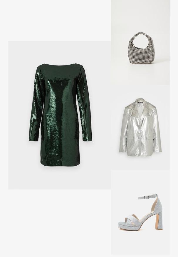 Gina Tricot OVERSIZED - Bleiseri - silver; Vihreä paljettildressi pitkillä hihoilla ja neliömäisellä pääntiellä, jossa on vartalonmyötäinen siluetti ja kiiltävä, teksturoitu pinta.; Hopeanhohtoinen korollinen platform-sandaali, jossa paksu korko, varpaiden yli ristiin menevät hihnat ja soljella säädettävä nilkkahihna.; Mustan käsilaukun pyöreä muoto, jonka pinta on peitetty pienillä hopeanvärisillä strasseilla. Laukussa on lyhyt kahva ja vetoketjusulku ylhäällä.