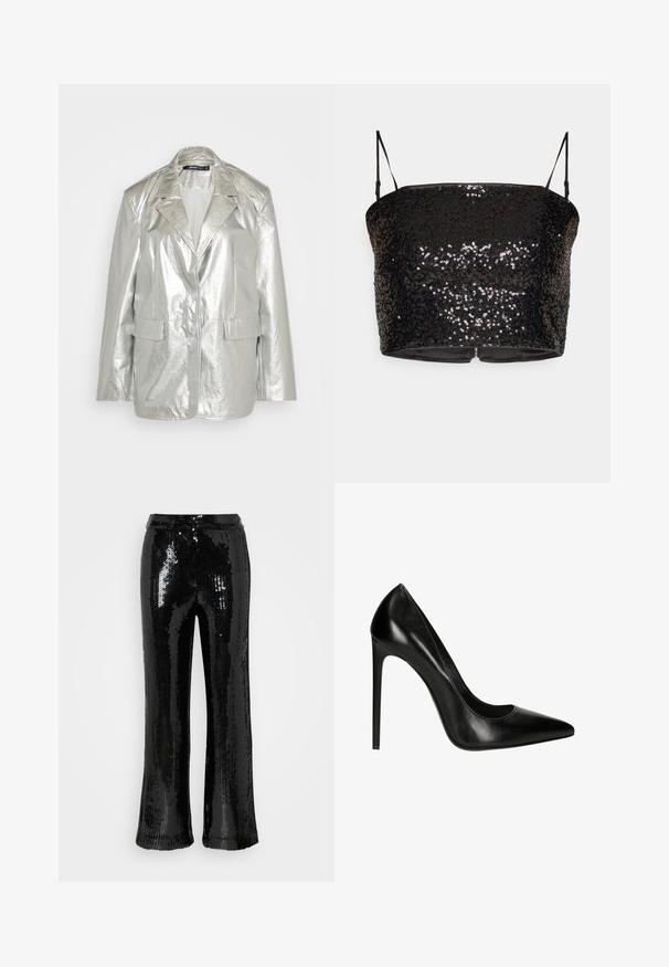 Gina Tricot OVERSIZED - Blazer - silver; Top court noir à sequins avec de fines bretelles réglables, présentant un design ajusté et une fermeture éclair à l'arrière. Doublure intérieure lisse.; Samsøe Samsøe AGNETA TROUSERS - Pantalon classique - black; Pompe à talon aiguille en cuir noir avec un bout pointu et une texture lisse. Présente une silhouette élégante et un talon aiguille.
