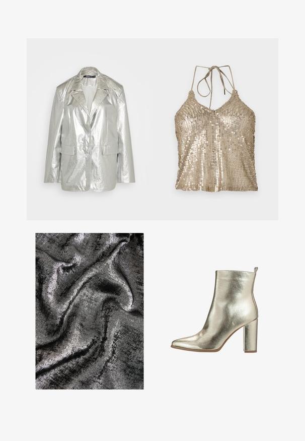 Gina Tricot OVERSIZED - Blazer - silver; Gouden pailletten haltertop met een V-hals, verstelbare ties en een gestructureerd oppervlak. Kenmerkt een losse pasvorm en glanzende, reflecterende pailletten over het geheel.; Zwarte en zilveren geweven stof met een glanzende afwerking, met gladde, vloeiende golven en een subtiele glans.; Metalen gouden enkellaars met een spitse neus, gladde textuur en een stevige hoge hak. Voorzien van een trekhaak aan de achterkant voor gemakkelijke aan- en uittrekken.