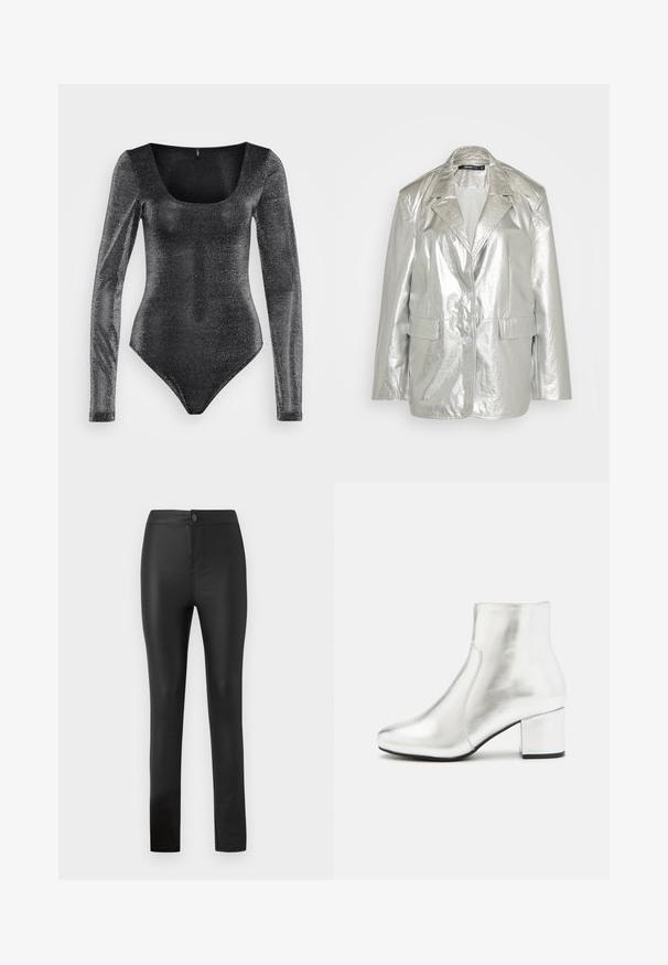 Gina Tricot OVERSIZED - Σακάκι - silver; Μαύρη ολόσωμη φόρμα με μακριά μανίκια και στρογγυλή λαιμόκοψη, κατασκευασμένη από υλικό με λαμπερή υφή, διαθέτει εφαρμοστή γραμμή και ψηλές διεξόδους ποδιών.; Μαύρες κολάν φτιαγμένες από ελαστικό, λείο υλικό με εφαρμοστό σχέδιο, διαθέτοντας κούμπωμα και φερμουάρ μπροστά, και ίσια πόδια.; Ασημένιο μποτάκι για τον αστράγαλο από γυαλιστερό δέρμα, με στρογγυλή μύτη και τετράγωνη τακούνι. Λείος υφής με ελάχιστες λεπτομέρειες ραφής.