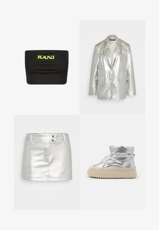 Gina Tricot OVERSIZED - Bleiser - silver; Mustmust kande, mis on valmistatud venivast kangast, millel on keskel suur neoonkollane "KANI" logo. Sile tekstuur, minimaalsed õmblused.; Hõbe, kunstnahast seelik, millel on tekstureeritud krokodillimuster, kahe sinise nööbi aktsendiga ja kitsa lõikega.; Hõbedane metallik ankle boot, millel on pehmendatud ülaserv, valged nöörid ja beez platvormi tallad, millel on tekstureeritud kummipõhi haardeks.