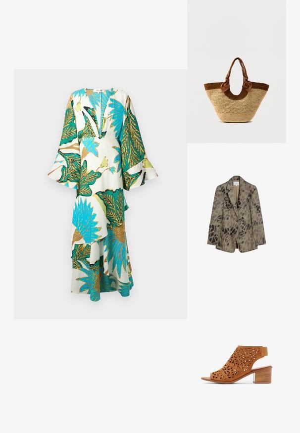 Blazer à bouton unique avec revers crantés, arborant un motif abstrait animalier en marron et noir.; Robe longue et fluide avec un décolleté en V profond, des manches évasées et des motifs de feuilles tropicales vibrants en teal, or et vert sur un fond clair.; Sandale à talon ouverte en suède marron avec des motifs géométriques découpés, un talon bloc et une sangle élastique pour un soutien accru.; Sac fourre-tout en paille tissée avec une base de couleur naturelle, un accent marron foncé, et des poignées en cuir marron ornées de détails en forme de nœuds aux extrémités.