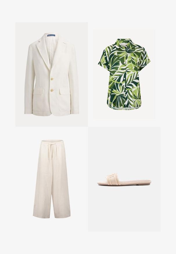 Blazer blanc à simple boutonnage avec revers crantés, deux poches avant à rabat, deux boutons beiges et une étiquette Polo by Ralph Lauren sur le col.; Chemise à manches courtes boutonnée avec motif de feuilles tropicales vertes et blanches et une poche poitrine, présentée sur fond blanc.; Pantalon large en lin beige clair avec taille élastique et cordon de serrage. Présente une coupe ample et une texture lisse.; Sandale plate beige avec bride tissée texturée et semelle, présentant un design minimaliste et un talon bas.