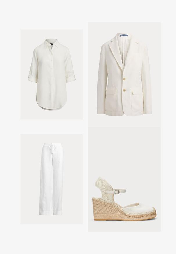 Hvid enkeltbrystet blazer med notch revers, to forlommer med klap, to beige knapper og et Polo by Ralph Lauren mærke på kraven.; Hvid hørskjorte med knaplukning, lange ærmer rullet op, buet kant og klassisk krave. Diskret tekstur, blødt stof.; Hvide linnedbukser med snøre i taljen, vid pasform og to sidelommer. Glat tekstur med et let og luftigt udseende.; Hvid espadrille kilehæle sandal med vævet overdel og ankelrem. Har en jute-beklædt platform og struktureret sål. Rund tådesign.