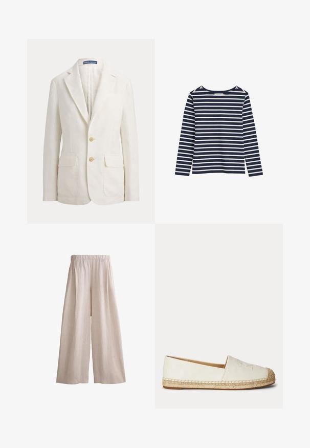 Blazer blanc à simple boutonnage avec revers crantés, deux poches avant à rabat, deux boutons beiges et une étiquette Polo by Ralph Lauren sur le col.; Chemise à manches longues à rayures horizontales bleu marine et blanches avec un col rond, présentée sur un fond blanc.; Pantalon beige à jambes larges avec taille élastique, fabriqué en tissu léger, présenté à plat sur un fond blanc.; Espadrille blanche à enfiler avec semelle en jute tressée et détails cousus le long des bords, vue de l'extérieur.