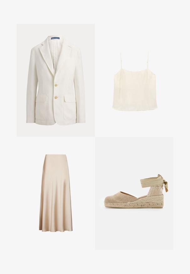 Hvid enkeltbrystet blazer med notch revers, to forlommer med klap, to beige knapper og et Polo by Ralph Lauren mærke på kraven.; Flødefarvet ærmeløs camisole-top med tynde justerbare stropper og en lige halsudskæring på hvid baggrund.; Satin midi-nederdel i beige med en glat tekstur og en udvidet design fra talje til søm, med en A-formet silhuet. Ingen synlige mønstre eller accenter.; Beige espadrille med en overdækning af lærred, tekstureret vævet hæl og flettet jutesål; har en bundet ankelrem for en sikker pasform.