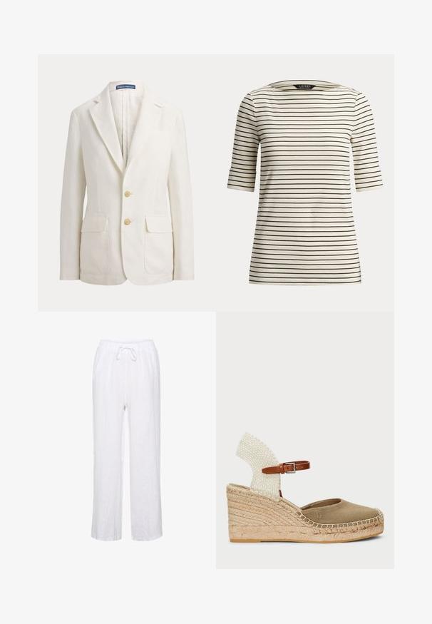 Blazer blanco de un solo botón con solapas con muesca, dos bolsillos delanteros con solapa, dos botones beige y una etiqueta Polo by Ralph Lauren en el cuello.; Camisa blanca de manga corta con finas rayas horizontales negras y un amplio cuello redondo.; Pantalones de lino blancos con un ajuste relajado, que cuentan con una cintura elástica y cordones, y piernas rectas. Textura suave, tejido ligero.; Espadrille cuña con puntera de lona en verde oliva, tacón trenzado blanco y correa de tobillo de cuero marrón. Presenta detalles de yute a lo largo de la suela.