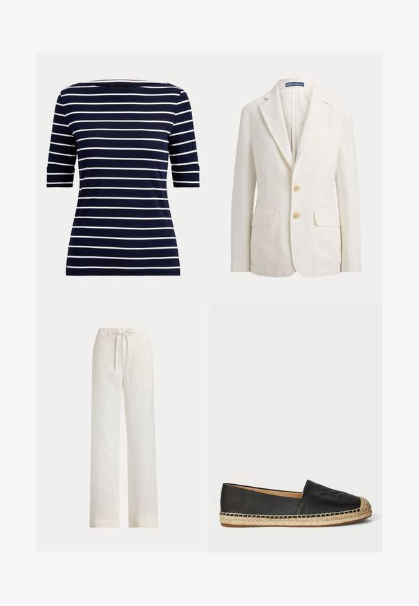 Hvid enkeltbrystet blazer med notch revers, to forlommer med klap, to beige knapper og et Polo by Ralph Lauren mærke på kraven.; Marineblå skjorte med hvide vandrette striber og albuelange ærmer, vist på en ensfarvet lys baggrund.; Løse hvide bukser med elastisk talje og snøre, vist mod en ensfarvet baggrund.; Sort læder espadrille med rund tå, flad sål og vævet jute trim. Har et hævet logo foran for ekstra detaljer.