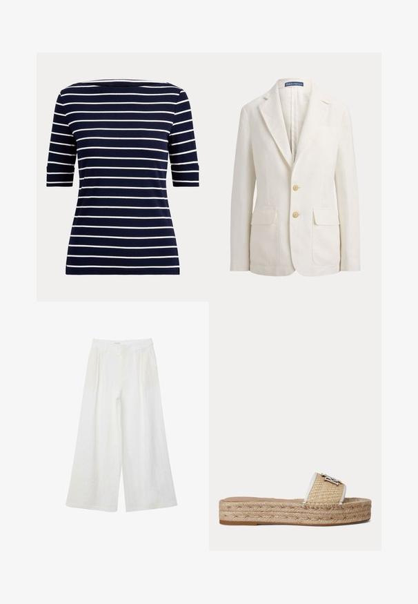 Hvid enkeltbrystet blazer med notch revers, to forlommer med klap, to beige knapper og et Polo by Ralph Lauren mærke på kraven.; Marineblå skjorte med hvide vandrette striber og albuelange ærmer, vist på en ensfarvet lys baggrund.; Hvide bukser med vide ben, høj talje og læg, med sidelommer og bæltestropper.; Flad slidssandal med vævet jutebund og beige tekstureret rem med lille sølv dekorativt emblem.