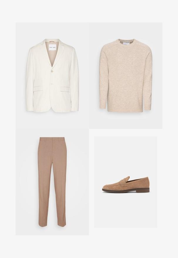 Blazer en lin beige clair avec une fermeture à un bouton, des revers crantés, deux poches avant et une coupe ajustée. Texture douce avec un design minimaliste.; Pull en tricot beige clair à col rond, à manches longues et avec des poignets côtelés ; présente un tissu texturé et un design simple.; Pantalon beige sur mesure en tissu lisse et texturé. Coupe droite avec une taille à la taille et sans ornements visibles ni poches.; Mocassin pour homme en daim marron clair avec talon bas, bout arrondi et détail d'une bride sur le dessus.