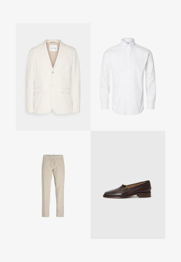 Blazer en lin beige clair avec une fermeture à un bouton, des revers crantés, deux poches avant et une coupe ajustée. Texture douce avec un design minimaliste.; Chemise blanche à manches longues avec boutons, col pointu, boutons visibles sur le devant et poignets fermés par des boutons.; Pantalons en velours côtelé beige avec une taille à cordon de serrage, jambes droites et texture côtelée verticale. Pas de poches ni d'ornements supplémentaires.; Mocassins en cuir marron avec un bout légèrement pointu, un petit talon empilé et des coutures décoratives sur le dessus. Texture lisse, design minimaliste.