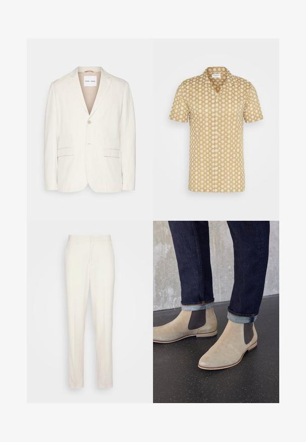 Lys beige linned blazer med enkel knappelukning, skrå lapeller, to forlommer og en skræddersyet pasform. Blødt tekstur med minimalistisk design.; Kortærmet skjorte i beige med et blomsterprint i hvid. Lavet af letvægtsstof, med klassisk krave og knaplukning foran.; Cremefarvede skræddersyede bukser med lige snit, lavet af tekstureret stof. Har bæltestikler og en lynlåslukning foran.; Lyse beige ruskind Chelsea-støvler med mørke elastiske sidepaneler, båret med mørke op rullede denimjeans på sort plettet gulv.