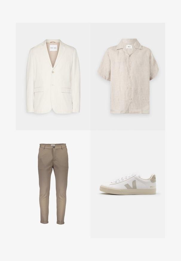 Blazer de lino beige claro con cierre de un solo botón, solapas de muesca, dos bolsillos frontales y un corte entallado. Textura suave con diseño minimalista.; Camisa de lino beige de manga corta con cuello y botones delanteros, con una etiqueta blanca visible dentro del cuello que dice "NN.07".; Pantalones de mezcla de algodón beige con un ajuste entallado, que cuentan con cierre de botón, trabillas para cinturón y puños doblados. Textura suave con costuras limpias.; Zapatillas blancas de cuero con acentos en beige, suela plana de goma, puntera redonda y logotipo contrastante en el lado y la parte trasera. Diseño con cordones.