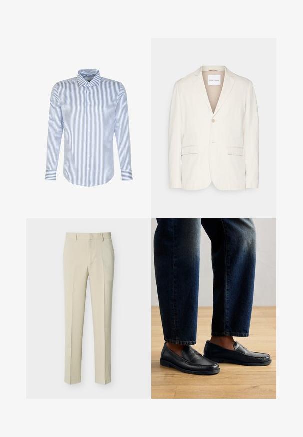 Hellbeige Leinenblazer mit einem einzelnen Knopfverschluss, Reverskragen, zwei Fronttaschen und taillierter Passform. Weiche Textur mit minimalistischem Design.; Herren Langarmhemd, hellblau mit weißen Streifen, knöpfbarer Frontverschluss, klassischer Kragen, Baumwollstoff, glatte Textur, abgerundeter Saum.; Beige, maßgeschneiderte, gerade geschnittene Hose mit Gürtelschlaufen und Reißverschluss vorne, auf einfarbigem, hellem Hintergrund präsentiert.; Schwarze Lederlofer mit gestickten Details und strukturierten Akzenten, getragen mit dunklem Denim, der ein lässiges und schlankes Design zur Schau stellt.