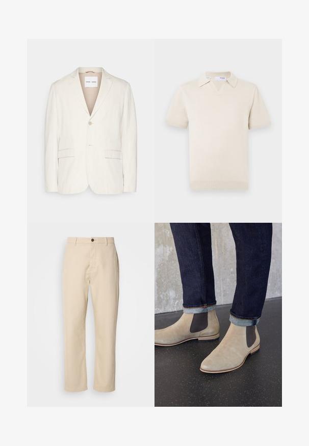 Lys beige linned blazer med enkel knappelukning, skrå lapeller, to forlommer og en skræddersyet pasform. Blødt tekstur med minimalistisk design.; Kremfarvet kortærmet strikket polo med V-hals og krave. Har ribstrikkede manchetter og kant samt en glat tekstur.; Beige bomuldsbukser med lige ben, en frontknaplukning, sidelommer og en glat tekstur. Minimalistisk design, ingen synlige mønstre.; Lyse beige ruskind Chelsea-støvler med mørke elastiske sidepaneler, båret med mørke op rullede denimjeans på sort plettet gulv.