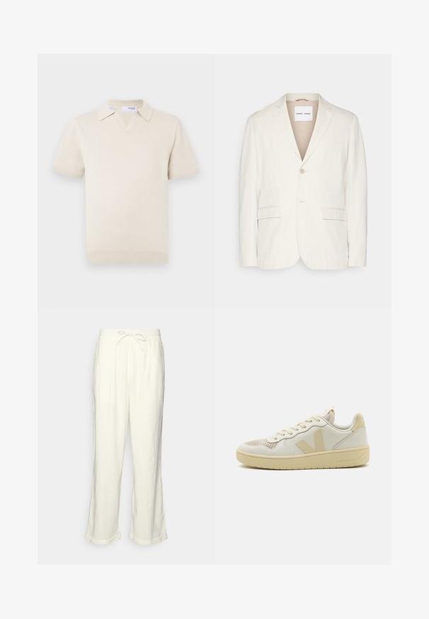 Blazer en lin beige clair avec une fermeture à un bouton, des revers crantés, deux poches avant et une coupe ajustée. Texture douce avec un design minimaliste.; Polo en maille à manches courtes de couleur crème avec un col en V et un design à col. Comprend des poignets et un ourlet côtelés, texture lisse.; Pantalons en lin blanc cassé avec une taille élastique, jambes légèrement larges et ourlets roulés pour un look décontracté. Pas de poches.; Baskets beiges avec un capuchon en mesh texturé, tige en cuir lisse et accents de logo contrastants. Semelle en caoutchouc plate au design épuré.