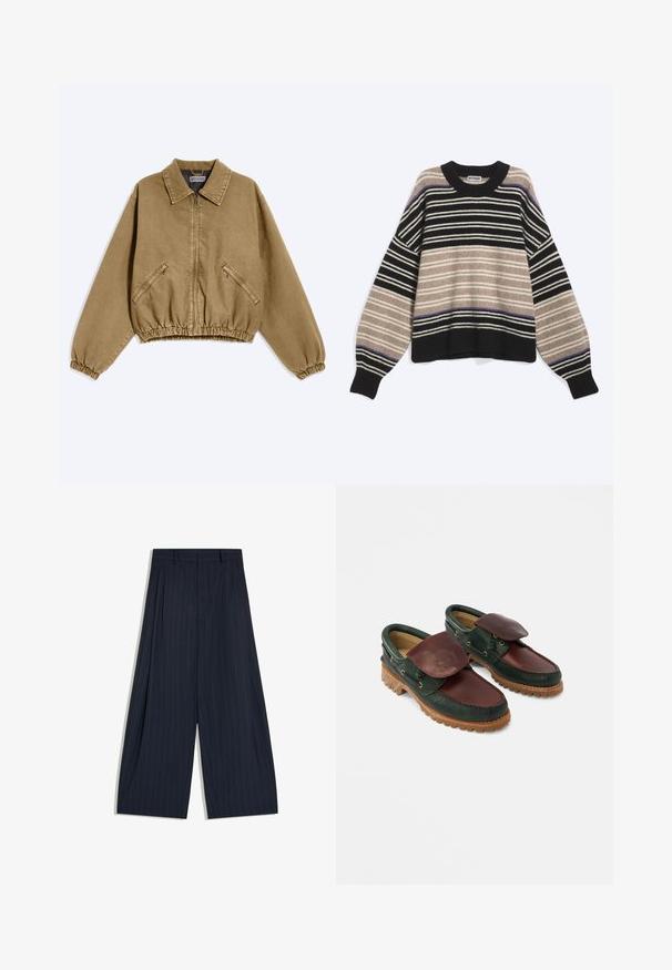 Brun lynlåsjakke med krave, elastiske manchetter, elastisk talje og to diagonale lynlåslommer foran.; Langærmet striktrøje med sorte, beige, hvide og lilla horisontale striber og en rund sort halsudskæring.; Marineblå viddebukser med tynde hvide nålestriber og høj talje, lagt fladt på en hvid baggrund.; Lædersko med en mørkegrøn krop og en burgunderrød top, rund tå, fastgjort klap og tekstureret gummisål med riller.