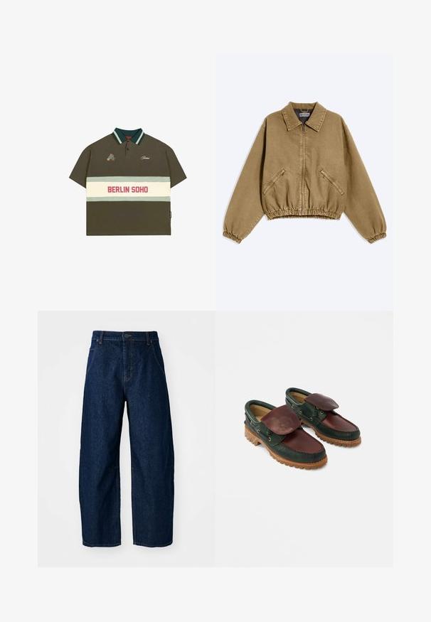 Chaqueta marrón con cremallera, cuello, puños elásticos, cintura elástica y dos bolsillos diagonales con cremallera en el frente.; Polo de color verde oliva con mangas cortas, cuello a rayas en verde y azul claro, que presenta una banda blanca con "BERLIN SOHO" en rojo.; Vaqueros de mezclilla oscuros de pierna ancha con cintura alta, que cuentan con cinco bolsillos, cierre frontal con botones y detalles de costura visibles.; Zapatos de cuero con cuerpo verde oscuro, parte superior burdeos, puntera redonda, solapa asegurada y suela de caucho texturizada con crestas.