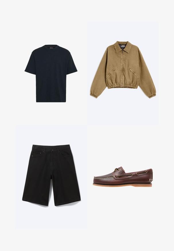 Brun lynlåsjakke med krave, elastiske manchetter, elastisk talje og to diagonale lynlåslommer foran.; Marineblå bomulds T-shirt med rund hals, korte ærmer og en afslappet pasform. Glat tekstur uden synlige mønstre eller accenter.; Sorte denim shorts til knæet med frontknap, bæltestropper og fem lommer, vist mod en hvid baggrund.; Brun læder bådsko med hvide sømme, snøre detaljer og lysbrun gummisål, vist fra siden på hvid baggrund.