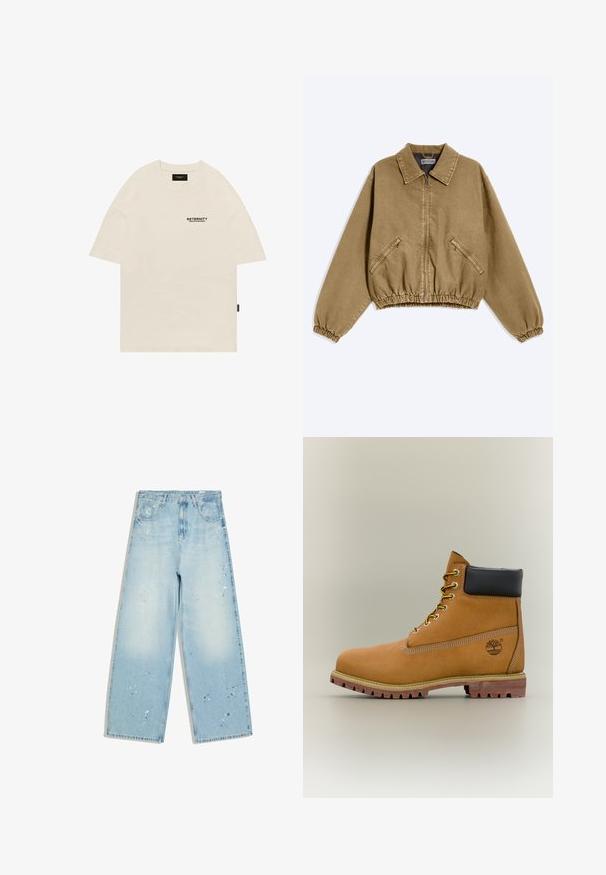 Veste marron zippée avec col, poignets élastiques, ceinture élastique et deux poches zippées en diagonale à l'avant.; T-shirt beige à manches courtes avec petit texte noir "RETERNITY CREATIVE DEPARTMENT" sur la poitrine gauche et étiquette noire sur la couture latérale.; Jean bleu clair à jambes larges avec des éclaboussures de peinture, bouton à l'avant et poches, posé à plat sur un fond blanc.; Bottine en cuir marron avec col noir, lacets jaunes et semelle beige. Présente un logo et des détails de couture blanche. Semelle extérieure à traction robuste.