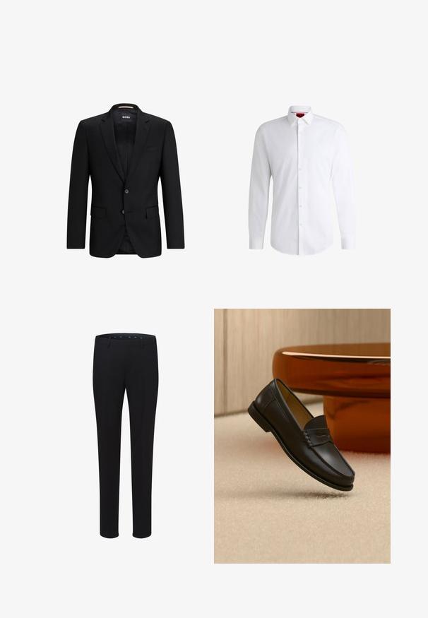 Blazer noir en tissu lisse, avec une fermeture à deux boutons, des revers en notch et deux poches avant. L'intérieur a une doublure à motif subtil.; Chemise blanche à manches longues en tissu lisse avec un col classique et un ourlet arrondi. Présente des boutons beiges à l'avant.; Pantalons noirs ajustés avec une texture lisse, une coupe droite et des passants de ceinture. Présentent une coupe classique sans motifs ni accents visibles.; Chaussure mocassin en cuir noir suspendue au-dessus d’un tapis beige avec du mobilier moderne couleur ambre en arrière-plan.