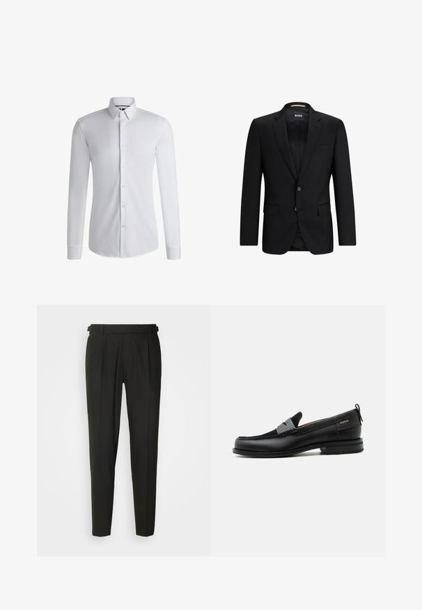Blazer negro de tejido suave, con cierre de dos botones, solapas de muesca y dos bolsillos frontales. El interior tiene un forro con un patrón sutil.; Camisa blanca de manga larga hecha de tejido suave, con un cuello abotonado y una fila de botones en la parte delantera. Diseño simple.; Pantalones negros ajustados con frontales lisos, dos pliegues, trabillas para cinturón y diseño de pierna recta. Fabricados con una tela suave y ligera.; Mocasín de cuero negro con detalle de tira gris, tacón bajo y suela texturizada, con la marca "HUGO" en oro en el lateral.