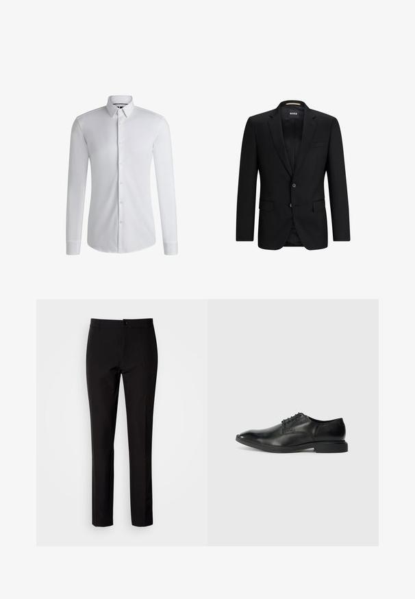 Sort blazer lavet af glat stof, med en to-knaps lukning, notches på klapperne og to forlommer. Indvendigt har den en diskret mønstret foering.; Langærmet hvid skjorte lavet af glat stof, med en krave med knapper og en række knapper foran. Enkelt design.; Sorte bukser lavet af glat stof, med lige ben, lukkes med knapper foran og har diskrete sidelommer. Enkelt og skræddersyet udseende.; Sort læder herresko med glat overflade, spids tå, seks snørrehuller og lav, rektangulær hæl. Diskret brandingdetalje på siden.