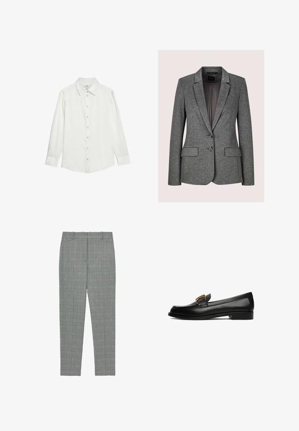 Blazer gris pour femme avec revers crantés, deux poches avant à rabat, deux boutons et manches longues, présenté sur un fond uni clair.; Chemise blanche à manches longues avec un col classique, patte de boutonnage sur le devant et texture de tissu lisse. Présente des poignets boutonnés et une coupe ajustée.; Pantalons tapered à carreaux gris avec passants de ceinture et devant plat, conçus pour une coupe ajustée.; Mocassin en cuir noir avec talon bas et détail de boucle en métal doré sur le côté supérieur.
