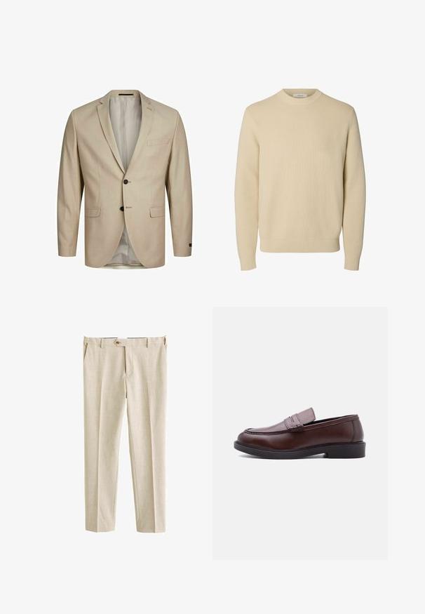 Beige blazer med struktureret stof, enkeltbrystet design, indsnittede klapper, to knapper og en enkelt brystlomme. Foret indvendig.; Enkel beige crewneck striktrøje med lange ærmer og ribstrikkede manchetter og kant.; Beige buks lavet af et tekstureret stof, med en standard talje, frontfolder og en enkelt knaplukning.; Brun læderloafer med sort sål og syninger vist i sideprofil mod hvid baggrund.
