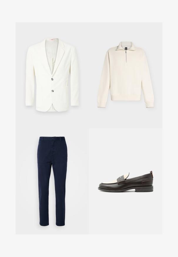 Witte, gestructureerde blazer met een slim fit, voorzien van twee knopen, een zak aan de linkerzijde en een gladde binnenvoering.; Pullover met lange mouwen in crèmekleur met een geribbelde textuur, een kwart-ritssluiting aan de voorkant en een opstaande kraag.; Marineblauwe chinos gemaakt van lichtgewicht stof, met een recht toe-gevoegde ontwerp, drukknopsluiting en zijzakken. Glad van textuur zonder patronen.; Donkerbruine leren herenloafer met crèmekleurig stoffen paneel en klassiek doorgestikt riemdetail, platte zool en trekhaak bij de hak.