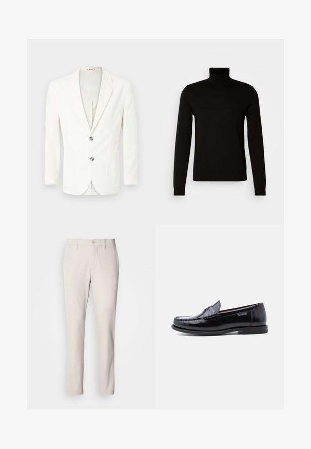 Hvid, tekstureret blazer med slim fit, der har to knapper, en lomme på venstre side og en glat inderside.; Sort turtleneck sweater lavet af et fint strikket stof, der har lange ærmer og en tætsiddende silhuet. Glat tekstur med ribbede manchetter.; Beige bukser med slim fit, der har en frontknaplukning, flad frontdesign og lige ben, lavet af glat bomuldsblandingsstof.; Sorte læderloafer med en blank finish, der har et syet mønster på tåen og en lav, tekstureret sort gummisål.