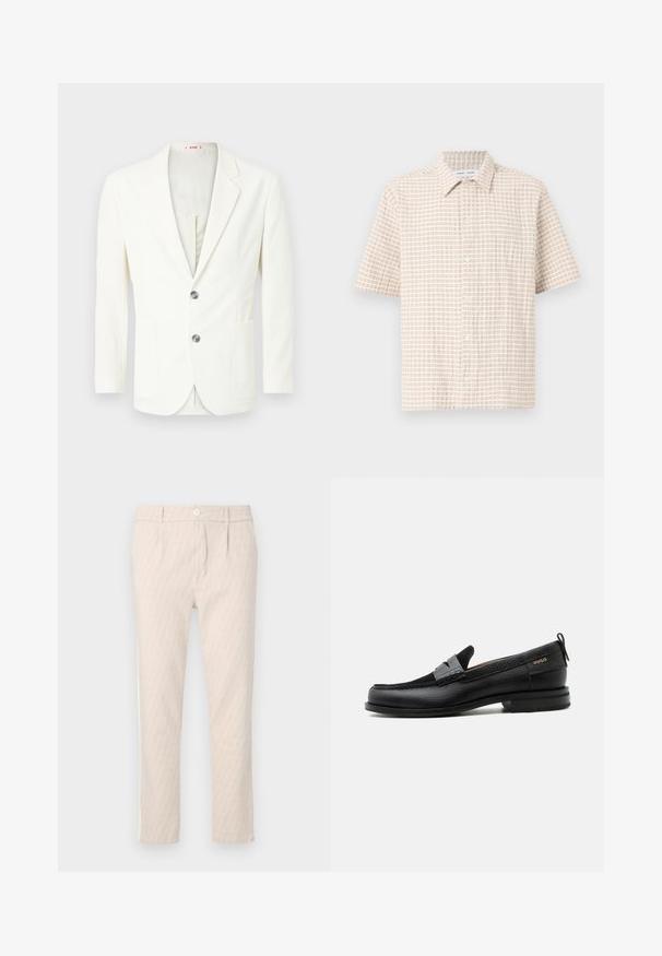 Blazer blanc texturé avec une coupe slim, doté de deux boutons, d'une poche à gauche et d'une doublure intérieure lisse.; Chemise à manches courtes de couleur beige clair, ornée d'un motif en grille de couleur marron doux, avec des boutons à l'avant et un col classique. Texture du tissu lisse.; Pantalon beige à motifs avec un design discret de feuilles, bien coupé, fermeture par bouton et poches latérales. Texture de tissu lisse.; Mocassin en cuir noir avec détail de bride grise, talon bas et semelle texturée, marqué "HUGO" en or sur le côté.