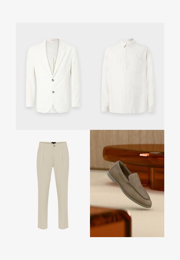 Blazer blanc texturé avec une coupe slim, doté de deux boutons, d'une poche à gauche et d'une doublure intérieure lisse.; Chemise blanche à manches longues avec col, poche poitrine unique et un motif texturé subtil sur le tissu.; Pantalon beige ajusté avec une texture lisse, doté d'une fermeture à bouton, de plis à l'avant et de jambes fuselées.; Mocassin beige en daim à enfiler avec coutures visibles et semelle claire, positionné au-dessus d'un tapis crème, avec un meuble translucide orange en arrière-plan.