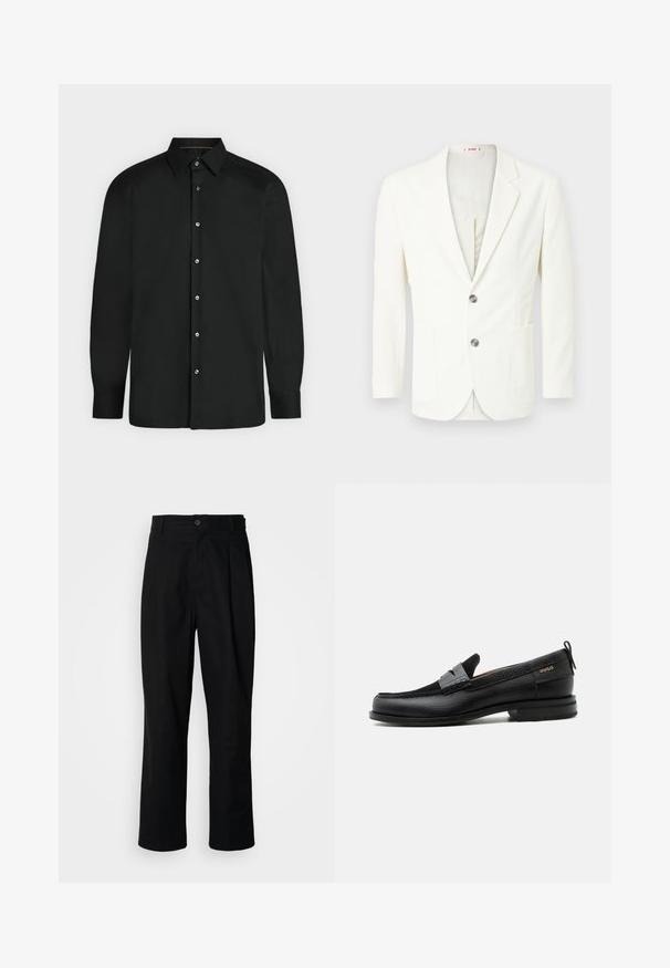 Hvid, tekstureret blazer med slim fit, der har to knapper, en lomme på venstre side og en glat inderside.; Sort skjorte med lange ærmer, knapper foran, spids krave og knapmanchetter, vist mod en ensformet lys baggrund.; Sorte lige ben bukser med en knaplukket talje, bæltestropper og en frontfold, præsenteret mod en ensfarvet hvid baggrund.; Sort læderloafer med grå remdetalje, lav hæl og tekstureret sål, mærket med "HUGO" i guld på siden.