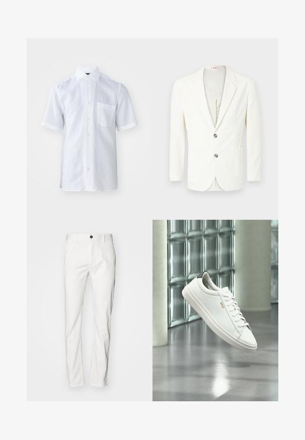 Blazer blanc texturé avec une coupe slim, doté de deux boutons, d'une poche à gauche et d'une doublure intérieure lisse.; Chemise blanche à manches courtes en lin léger avec un col à bouton, une poche avant et une surface légèrement texturée.; Pantalon en coton blanc avec une coupe droite, doté d'une fermeture à bouton et de poches, texture lisse et style minimaliste.; Baskets basses en cuir blanc avec lacets, languette de talon noire et logo « BOSS », flottant à l'intérieur près d'un mur en blocs de verre et d'un sol poli.
