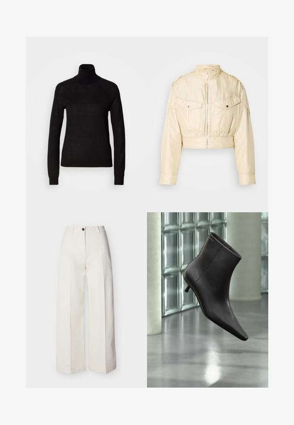 Veste courte beige avec fermeture éclair à l'avant, col montant, manches longues et deux poches poitrine à boutons sur un fond uni.; Pull à col roulé noir en tissu tricot léger. Avec des manches longues et une silhouette ajustée dotée de coutures raglan.; Pantalon crème taille haute à jambes larges, avec passants de ceinture, fermeture à bouton unique et zip, présenté à plat sur un fond uni.; Bottine en cuir noir avec bout pointu et petit talon, présentée devant un mur en blocs de verre et un sol poli.