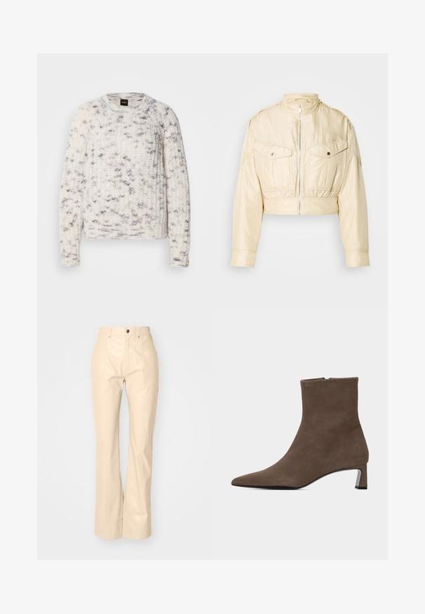 Veste courte beige avec fermeture éclair à l'avant, col montant, manches longues et deux poches poitrine à boutons sur un fond uni.; Pull tricoté blanc et gris avec un motif texturé, col rond, manches longues et coupe décontractée. Étiquette de la marque visible au niveau du col.; Pantalons évasés en simili cuir beige avec une texture lisse, dotés de poches avant, d'une fermeture à bouton et d'une finition légèrement brillante.; Bottine en suède marron avec bout pointu, fermeture éclair latérale et petit talon carré sur fond clair uni.