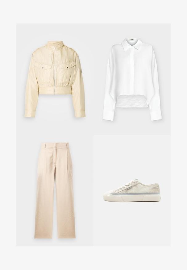 Beige Cropped-Jacke mit durchgehendem Reißverschluss, Stehkragen, langen Ärmeln und zwei mit Knöpfen verschließbaren Brusttaschen vor einfarbigem Hintergrund.; Weißes, langärmeliges Hemd mit Knopfleiste, spitzem Kragen und leicht gekürztem, abgerundetem Saum, dargestellt auf hellem, einfarbigem Hintergrund.; Beige Hose aus glattem Stoff. Mit geradem Schnitt, flachem Bund und zwei Falten. Keine sichtbaren Muster oder Beschläge.; Beiger Sneaker mit niedrigem Schaft, weißer Gummisohle, Mesh-Obermaterial, Schnürverschluss und grauem Streifen an der Seite.