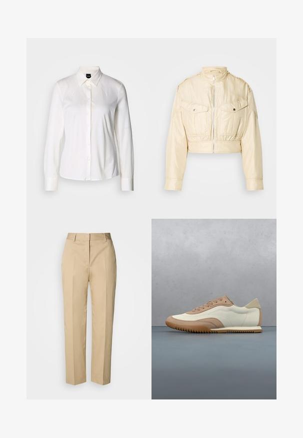Veste courte beige avec fermeture éclair à l'avant, col montant, manches longues et deux poches poitrine à boutons sur un fond uni.; Chemise blanche à manches longues avec col classique en tissu coton doux, présentant une coupe ajustée et un design simple sans motifs.; Pantalon beige à jambe droite avec passants pour ceinture, pli avant et fermeture dissimulée, présenté sur un fond clair.; Baskets crème et beige avec une tige texturée, des lacets et une semelle en caoutchouc, présentées au-dessus d'une surface en bois avec des cailloux.