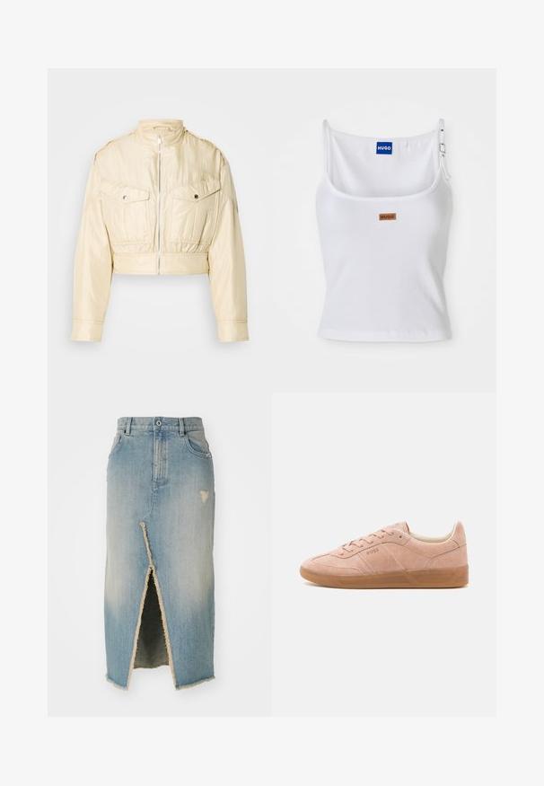 Beige cropped jakke med frontlynlås, opretstående krave, lange ærmer og to brystlommer med knapper på en ensfarvet baggrund.; Hvid ribbet tanktop med justerbare stropper, der har et blåt logo-label og et lille brunt tag, fremstillet af blødt, strækbart materiale.; Denim nederdel, lyseblå, midtlængde med frayed kant. Har en frontslids og slidte detaljer nær taljen og kanten.; Lyserøde suedestøvler med gummisål, rund tå og snørebåndslukning. Har minimal branding på siden og hælen.