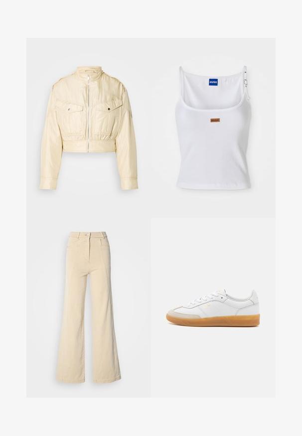 Chaqueta corta beige con cremallera frontal, cuello alto, mangas largas y dos bolsillos en el pecho con botones sobre un fondo liso.; Camiseta sin mangas blanca con textura de canalé y tirantes ajustables, que presenta una etiqueta de logo azul y una pequeña etiqueta marrón, elaborada con un material suave y elástico.; Jeans beige de pierna ancha con cintura alta, bolsillos frontales y costuras en contraste, con cierre de botón y una textura de algodón suave.; Zapatilla de cuero blanca con acentos de ante beige, suela de goma y diseño de cordones. Presenta un sutil logo en dorado.