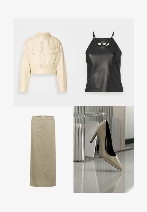 Beige cropped jakke med frontlynlås, opretstående krave, lange ærmer og to brystlommer med knapper på en ensfarvet baggrund.; Sort faux læder tanktop med tynde stropper, halterneck og en oval udskæring ved brystet. Glat tekstur, tætsiddende design.; Beige linned midi nederdel med en flad talje, sidelommer og en lige silhuet, der har minimal syning og ingen synlig hardware.; Beige højhælede sko balancerende på hælen på en skinnende overflade ved siden af en metalfilorganisator med dokumenter.