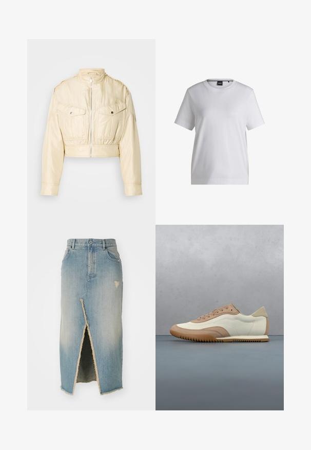 Beige cropped jakke med frontlynlås, opretstående krave, lange ærmer og to brystlommer med knapper på en ensfarvet baggrund.; Hvid bomulds t-shirt med rund halsudskæring, korte ærmer og en afslappet pasform. Har et lille mærke nær kraven.; Denim nederdel, lyseblå, midtlængde med frayed kant. Har en frontslids og slidte detaljer nær taljen og kanten.; Sneaker i creme og beige med tekstureret overdel, snørebånd og gummisål, vist oven på en træoverflade med småsten.