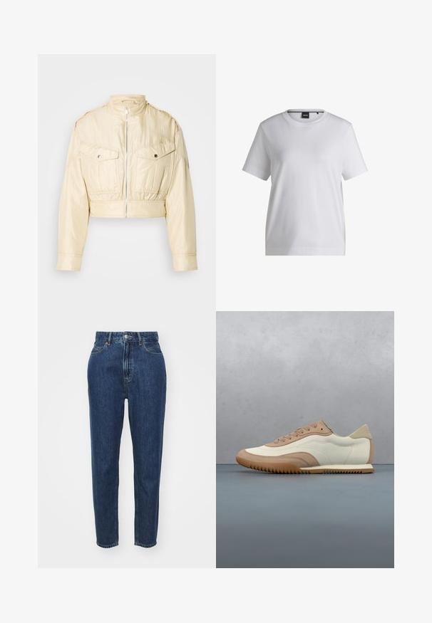Beige cropped jack met ritssluiting aan de voorkant, opstaande kraag, lange mouwen en twee borstzakken met knopen op een effen achtergrond.; Witte katoenen t-shirt met een ronde halslijn, korte mouwen en een ontspannen pasvorm. Heeft een klein merketiket nabij de kraag.; Denim jeans met een hoge taille, rechte pijpen, donkerblauwe kleur, klassiek vijf-pocket ontwerp en een metalen knoopsluiting.; Crème- en beige sneaker met een textuur bovenwerk, veters en een rubberen zool, gepresenteerd boven een houten oppervlak met kiezelstenen.